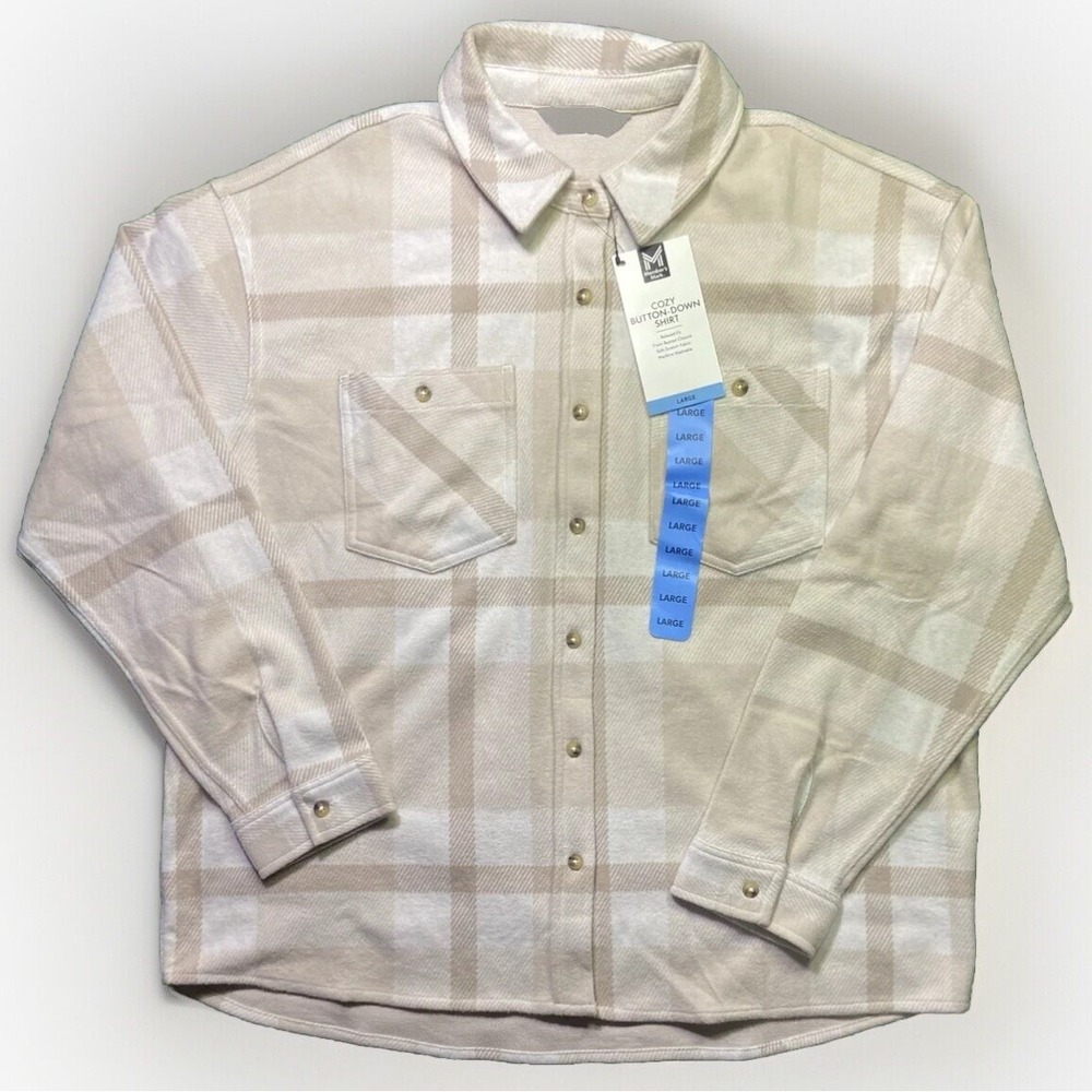NWT Member's Mark Women's Sz L Lightweight Cozy Knit Button-Down Shirt Beige